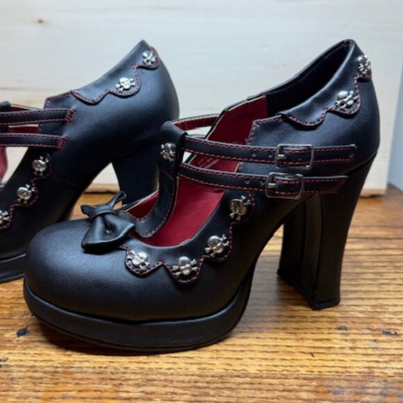 Demonia Crypto-06, Vegan Leather,  Platform Mary Janes, Black & Red, Size 9, NEW - Picture 1 of 8